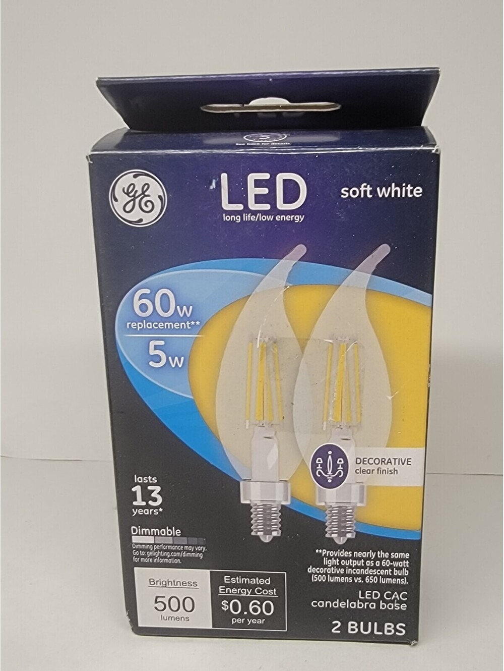 GE 60w LED CAC bent tip dimmable clear soft white chandeliers 2 Pack